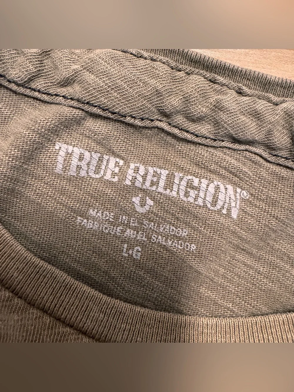 True Religion Men's Olive Green Distressed Spellout Tee